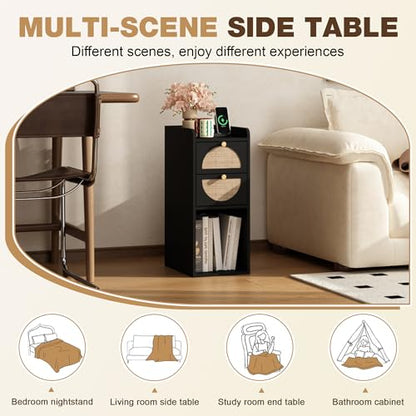 Narrow Nightstand (Rattan & Wood) - Small Bedside Table with 2 Drawers, Open Shelf, Mid Century Modern End Table - for Bedroom, Living Room & Small Spaces, Black - color: Black, size: 7.9"W (1 Pc)