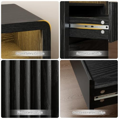 LYNSOM Fluted LED Nightstand Set of 2, Charging Station & 2 Drawers, Black | Mid Century Modern Night Stand with Stoarge, Wood Bedside End Table with Curved Edge for Bedroom, Living Room, Office, 20" W - color: Black, size: 2 Drawers
