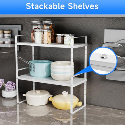 Expandable Cabinet Shelf Organizer, Stackable Kitchen Pantry Counter Storage, Adjustable Closet Cupboard Stand Rack Risers Spice Organization 80LBS Heavy Duty White Large 1 Pack - color: White Large