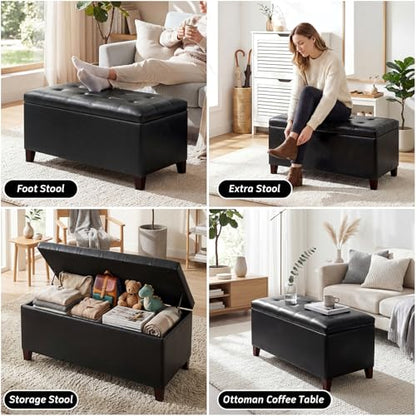 Storage Ottoman Bench, 33 Inches Faux Leather Rectangle Tufted Foot Stool for End Foot of Bed, Bedroom, Living Room, Black - color: Rectangular Black