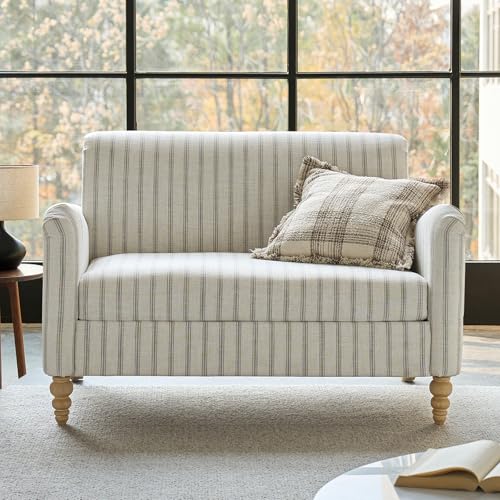 HULALA HOME 50.5" Loveseat Sofa with Stripe Pattern, 2 Seater Sofa, Grey | Farmhouse Comfy Upholstered Small Couch, with Solid Wood Spindle Legs and Rolled Wide Armrests, for Living Room Bedroom - color: Grey, size: 2-Seater Loveseat