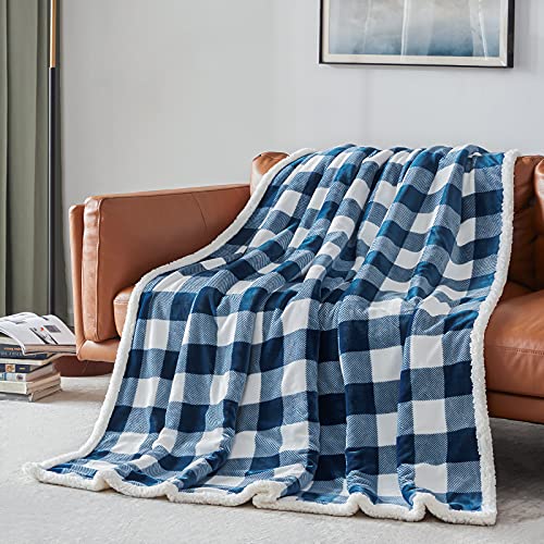 Sherpa Plaid Twin Blanket 60" X 70", Fuzzy Fluffy Soft Cozy Throw Blanket, Twin Size Plush Fleece Flannel Plush Microfiber Blanket for Couch Bed Sofa (Navy) - color: Navy