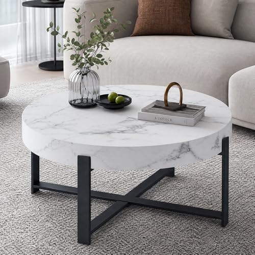 Round Coffee Table, Modern Faux Marble Coffee Table with Metal Frame, Small Wood Circle Table, Round Accent Center Tables for Living Room Apartment Small Space(31.5''D-White Marble) - color: X-white Marble