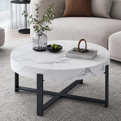 Round Coffee Table, Modern Faux Marble Coffee Table with Metal Frame, Small Wood Circle Table, Round Accent Center Tables for Living Room Apartment Small Space(31.5''D-White Marble) - color: X-white Marble