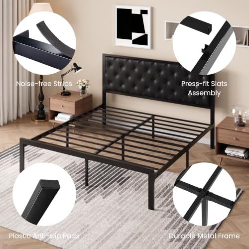 SHA CERLIN King Size Metal Bed Frame with PU Tufted Headboard, Black | Modern Design Heavy-Duty Platform Bed, No Box Spring Need, PU Leather Upholstery, Noise Free, Easy Assembly - color: Black, size: King