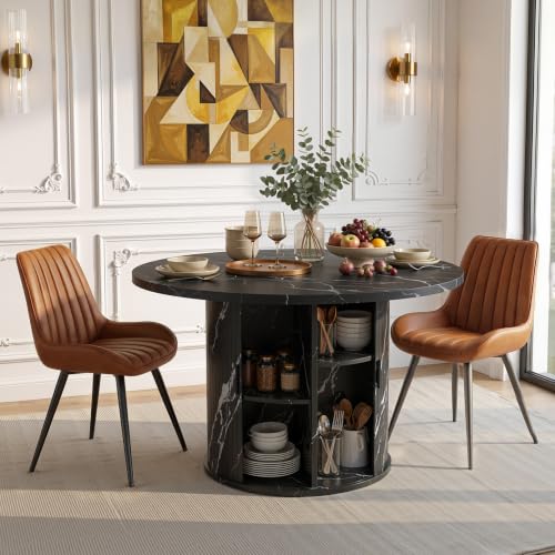 3-Piece Round Dining Table Set for 2, 47-Inch Modern Faux Marble Dining Table with Half-Open Storage Shelf, Comfort Dining Chairs with Thick Cushions (Black Faux Marble Table + 2 Brown Chairs) - color: Black Faux Marble Table + 2 Brown Chairs-43, size: 3-
