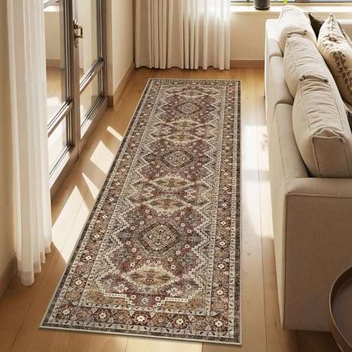 Rugland 2'6x8' Runner Rug, TPR07-Rust, Vintage Tribal, Stain Resistant, Anti-Slip Backing, Machine Washable, Low Pile, Indoor, Rug | Low Pile, Soft & Lighweight, Folable, Stain Resistant Tribal 2.5x8ft Carpet Runners for Entryway,Kitchen,Living Room,Bedro