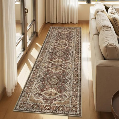 Rugland 2'6x8' Runner Rug, TPR07-Rust, Vintage Tribal, Stain Resistant, Anti-Slip Backing, Machine Washable, Low Pile, Indoor, Rug | Low Pile, Soft & Lighweight, Folable, Stain Resistant Tribal 2.5x8ft Carpet Runners for Entryway,Kitchen,Living Room,Bedro