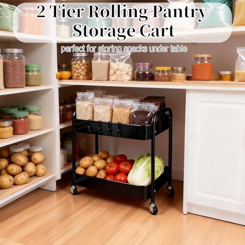2 Tier Short Rolling Cart with Wheels for Under Desk Storage & Panrty Floor Organizer, Large Capacity Metal Kitchen Utility Cart, Sturdy Makeup Organizer for Small Space with 4 Hooks, Black - color: Black, size: 2-tier