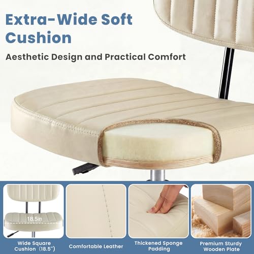 DUMOS Armless Drafting Chair, Standing Desk Chair, Rolling Stool | Ergonomic Low Back Office Seat, Height Adjustable with Footrest Ring, PU Leather, Swivel Wheels, Studio Lab Counter, Beige - color: Beige