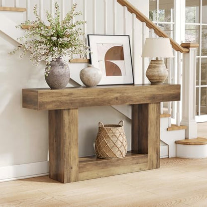LITTLE TREE 63 Inches Long Console Table, 2-Tier Farmhouse Sofa Table Behind Couch, Large Narrow Entryway Table for Living Room, Wooden Hallway Foyer Table with Heavy Duty Base, Rustic Brown - color: Rustic Brown