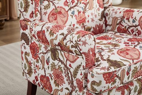 GDFStudio Modern Wingback Accent Chair with Solid Wood Legs and Cushion, Comfy Upholstered Floral Pattern Armchair, Retro Leisure Single Sofa Chair for Living Room Bedroom Home, Bean Paste Red - color: Bean Paste Red