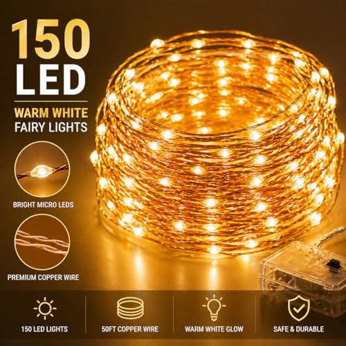 Christmas Hook™ 150 LED Fairy Lights, 50FT Warm White Copper Wire Lights, Battery Operated Fairy String Lights with Timer (6Hr/18Hr), Indoor Outdoor Fairy Lights for Room, Wedding, Mason Jar Decor