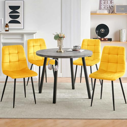 Homedot Modern Kitchen Table Set with 4 Chairs, Grey Faux Wood Table with Hooks, Upholstered Velvet Yellow Dining Chairs for Restaurant, Dining Room - color: Yellow, size: 1* Grey Round Table+4*Chair