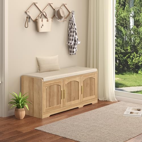 39.4" Shoe Storage Bench with Seating Cushion, Fluted 2-Tier Entryway Bench with 3 Doors & Adjustable Shelves, Shoe Cabinet Bench for Entryway, Hallway, Bedroom and Living Room - color: Natural