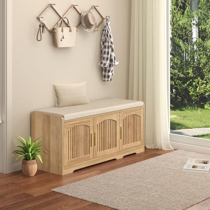 39.4" Shoe Storage Bench with Seating Cushion, Fluted 2-Tier Entryway Bench with 3 Doors & Adjustable Shelves, Shoe Cabinet Bench for Entryway, Hallway, Bedroom and Living Room - color: Natural