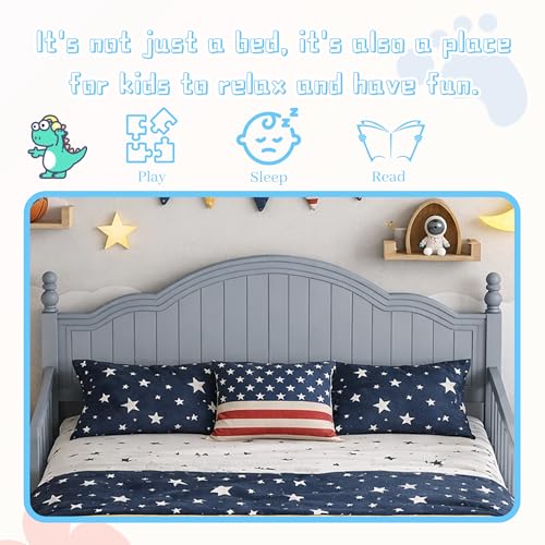 Full Size Kids Bed Frame with Removable Guardrails, Low Profile, Gray | 3 guardrail setups: all installed, front removed or all removed; 8 slats; 6-inch mattress sold separately; no box spring - color: Grey, size: Full