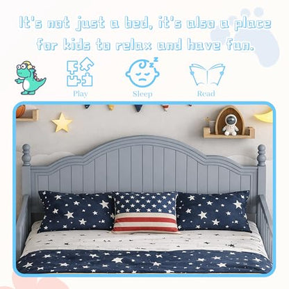 Full Size Kids Bed Frame with Removable Guardrails, Low Profile, Gray | 3 guardrail setups: all installed, front removed or all removed; 8 slats; 6-inch mattress sold separately; no box spring - color: Grey, size: Full