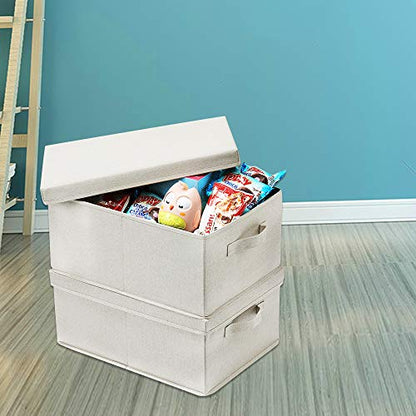 HOONEX Foldable Storage Bins with Lids, 2 Pack, Storage Boxes with Carrying Handles and Sturdy Heavy Cardboard, 16.5" L x 11.8" W x 7.5" H for Shoes, Books, Clothes, Beige - color: Beige