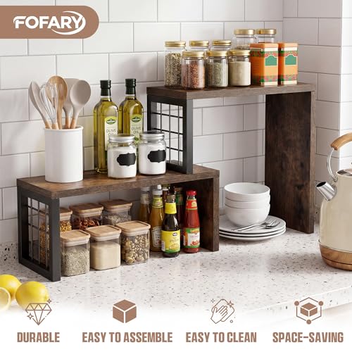Kitchen Countertop Organizer, 2 Tier Corner Counter Shelf, Rustic Brown | Stackable, Expandable, Adjustable Cabinet Organizer Shelf, Spice Rack, for Kitchen, Coffee Station, Rustic Wood Grain - color: Rustic Brown