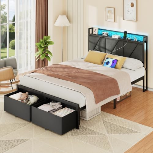 Full Size Bed Frame with 2 Storage Drawers & Upholstered Headboard | Metal Platform Bed with Storage Shelf, Charging Station, LED Lights and Heavy-Duty slats, No Spring Box Needed, Noise-Free - size: Full, style: Bed Frame with Drawer