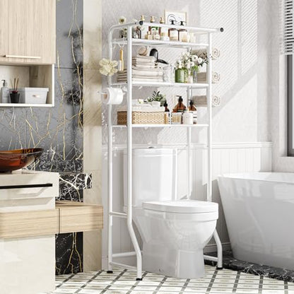 Simple Trending 3 Tier Over The Toilet Storage Rack, Metal Bathroom Shelf, Bathroom Stand Organizer Space Saver with Paper Holder and Hooks, White - color: White With Towel Rack