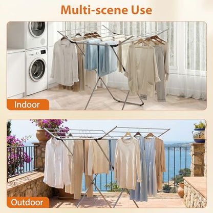 Tangkula Collapsible X-Shaped Freestanding Clothes Drying Rack | Sturdy Aluminum Frame | 2 Foldable Wings & 14 Drying Poles | Space-Saving | for Laundry Room, Balcony, Patio