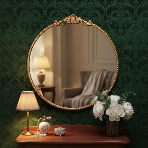 Vintage Baroque Round Wall Mirror 24"x24", Gold Ornate Carved Frame Decor Mirror for Entryway Living Room Bedroom Hallway (Gold Metal,24"x24") - color: Gold Metal, size: 24"L x 24"W