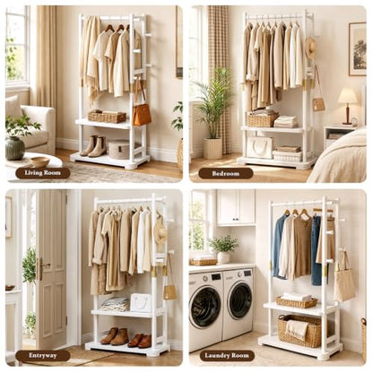 Solid Wood Clothes Rack with 2 Shelves & 4 Hooks for Hanging Clothes Garment Wallets Hats, White Clothing Rack Heavy Duty Coat Rack Freestanding with Storage Hall Tree for Hallway Bedroom Living Room | Hallway bedroom living room, durable wood constructio