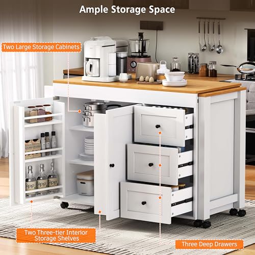 Kitchen Island, Extendable Dining Table with Power Outlet | Extendable dining table expands from prep station to dining table, seats up to 2 extra guests, saves space when closed - color: White2