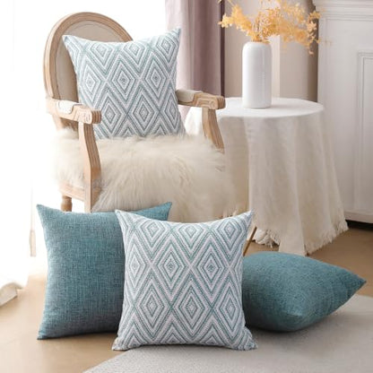 HPUK Throw Pillow Covers 18x18, Set of 4, Blue Textured Couch Pillow Covers | Polyester fabric, patterned and solid designs, hidden zippers, machine washable, for sofas and beds, inserts not included - color: Blue, size: 18" x 18" (Pack of 4)