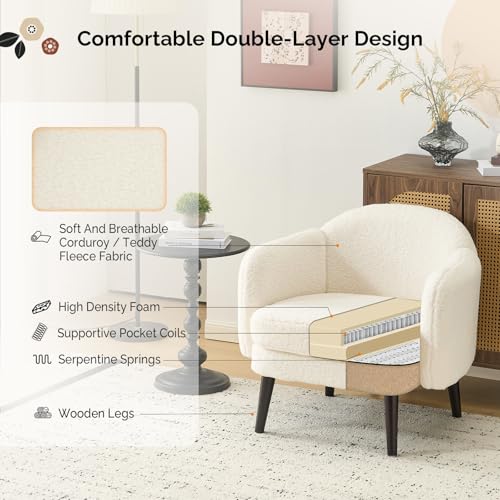 VINGLI 30.3" Wide Modern Barrel Accent Armchairs Set of 2 with Track Armrest, Solid Wooden Legs, Comfy Upholstered Club Chairs, Single Home Sofa for Living Room, Bedroom, Reading,Teddy Fleece White - color: White