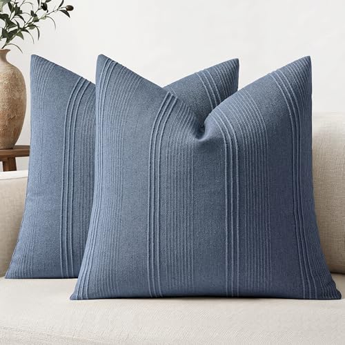 MIULEE Decorative Striped Throw Pillow Covers 20x20 Inch Blue 2 Pack | Textured Linen Pillow Covers, Farmhouse Cushion Cases for Couch Sofa Bed Livingroom Home Decor - color: Blue, size: 20" x 20" (Pack of 2)