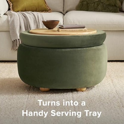 mopio Luna Round Ottoman with Storage and Tray, Round Coffee Table with Storage, Upholstered Foot Stools Ottoman for Living Room, Bedroom, with Solid Rubberwood Legs (Olive Green Premium Velvet) - color: Green Velvet, Round