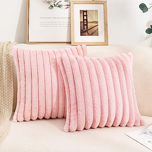 Uhomy Set of 2 Faux Fur Home Decorative Throw Pillow Cover Luxury Super Soft Fuzzy Striped Furry Pillowcase for Sofa Couch Bedroom Comfy Thick Fluffy Plush Cushion Cover 20x20 Inch Bright Pink 50 cm - color: Light Pink, size: 20" x 20" (Pack of 2)