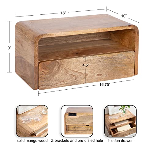 Kate and Laurel Kato Transitional Wood Floating Side Table with Drawer, 18 x 10 x 9, Natural Brown, Modern Wooden Floating Nightstand for Bedroom Bedside Table - color: Natural