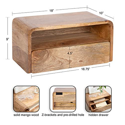Kate and Laurel Kato Transitional Wood Floating Side Table with Drawer, 18 x 10 x 9, Natural Brown, Modern Wooden Floating Nightstand for Bedroom Bedside Table - color: Natural