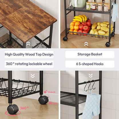 SWTYMIKI Rolling Kitchen Microwave Cart - 3 Tier Microwave Table Stand with Storage Basket and Hooks, Kitchen Utility Cart on Wheels, Coffee Cart Shelf Rack Organizer for Living Room Office, Balcony - color: Brown