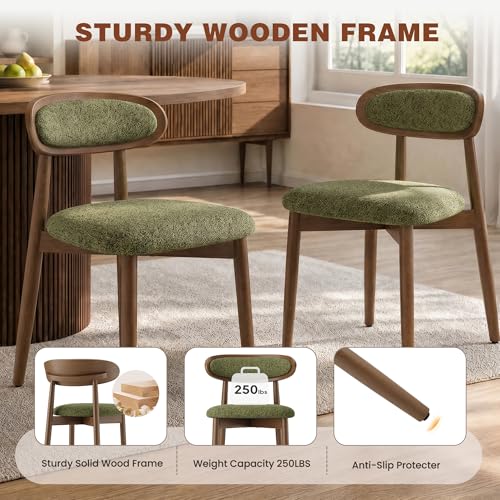 Dining Chairs Set of 2, Upholstered Dining Room Chairs with Solid Wood Legs | Mid Century Modern Dining Chairs, Fabric Kitchen Chairs with Ergonomic Curved Backrest for Dining Room, Vanity, Green - color: Green, size: Set of 2
