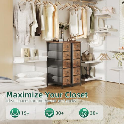 COTUBLR Narrow Dresser, 19" Wide Narrow Nightstand Dresser Storage Tower with 5 Drawers, Slim Fabric Dressers Chest of Drawers for Small Spaces, Wood Top & Fabric Bins for Bedroom Bathroom Closet - color: Rustic Brown