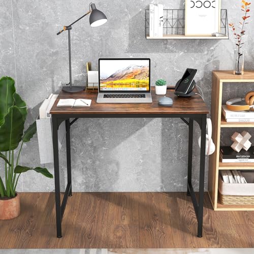 Giantex 32 Inch Computer Desk with Charging Station, Home Office Writing Desk with Storage Bag & Headphone Hook, Compact Gaming Table PC Workstation, Modern Simple Laptop Desk for Bedroom, Study - color: Rustic Brown, size: 32"