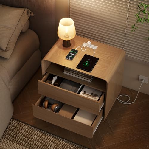 Nasonet Modern Nightstands Set of 2 with Charging Station, Wood End Table Bedroom Nightstands with Drawers, Wide Curved Bedside Table Set 2 for Bedroom, Living Room, Oak - color: Oak, size: 2 Drawers