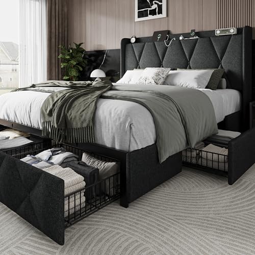 Einhomn Full Size Bed Frame with 4 Storage Drawers and Charging Station, Upholstered Platform Bed Frame with Storage Headboard, No Box Spring Needed, Easy Assembly, Dark Grey - color: Dark Grey, size: Full