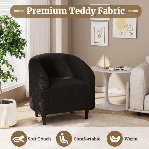TLSUNNY Accent Chair, Upholstered Comfy Teddy Fabric Barrel Chair | Modern Furry Barrel Chair with a Side Pocket, Club Armchair for Living Room/Bedroom/Reception Room - color: Black