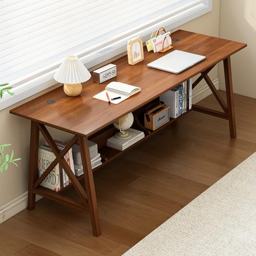 NELYE Extra Long Writing Desk with Bookshelf, 63" Wx20 Dx30 H, Walnut | Wooden Home Office Work Study Table, Computer Gaming Workstation with Storage Shelf, Sturdy MDF Resists Wobble - color: Walnut, size: 63"W20"D