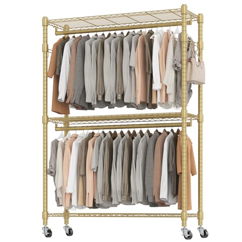 BATHWA Heavy Duty Rolling Garment Racks, 25mm Metal Pipe, 47.3"W x 17.7"D x 80.7"H Large Tall Portable Wardrobe Closet with 2 Rods, Wide Adjustable Shelves and Hangers, Clothing Hanging Storage, Gold - color: Gold, size: Upgraded & Large