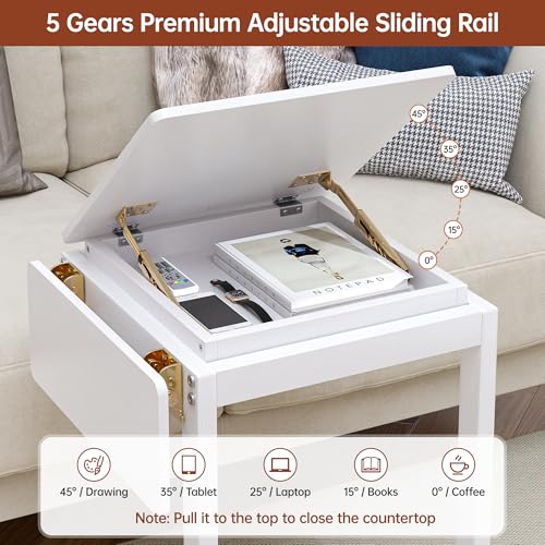 C Shaped End Table for Couch Rolling Side with Wheels White | Wood, Desk Tv Tables, with Folding Desktop, Lockable Wheel, with Hidden Storage, for Living Room, Bedroom - color: White