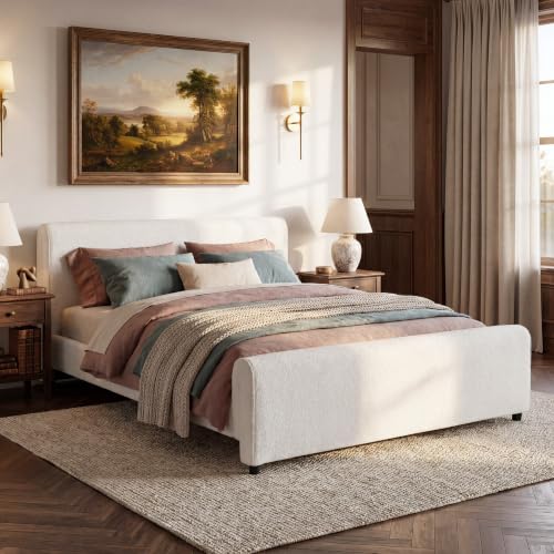 Merax Queen Size Luxury Bouclé Upholstered Bed Frame, White | Modern Curved Platform Bed with Rounded Headboard & Footboard, No Box Spring Needed, Solid Wood Slats Support, Easy Assembly - size: Queen