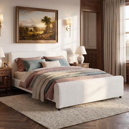Merax Queen Size Luxury Bouclé Upholstered Bed Frame, White | Modern Curved Platform Bed with Rounded Headboard & Footboard, No Box Spring Needed, Solid Wood Slats Support, Easy Assembly - size: Queen