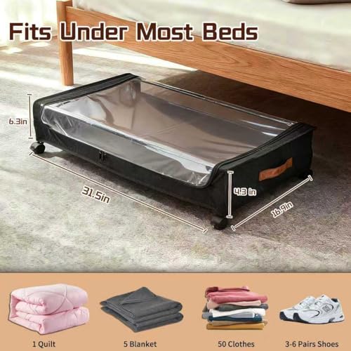 Under Bed Storage with Wheels, Black, 35L Large Capacity | Clear Lid & Label, Rolling Metal Drawer, For Clothes, Shoes, Toys, Books, Blankets